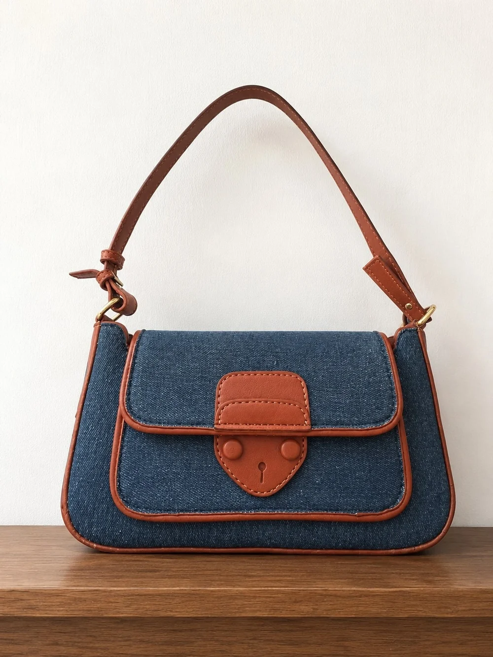 Blue Denim Shoulder Bag with Brown Trim With Detachable Crossbody Strap